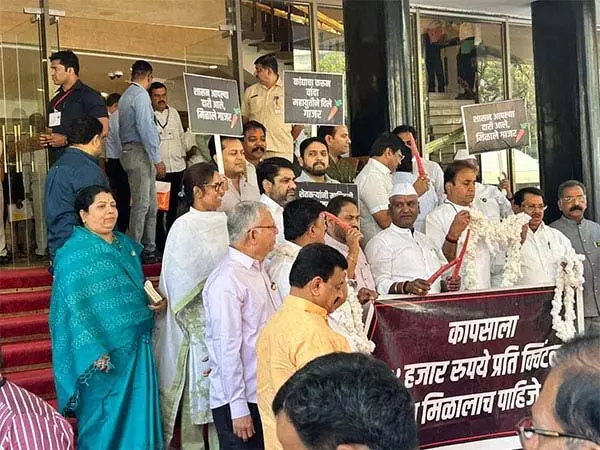 विपक्षी नेताओं ने किसानों के मुद्दे पर महाराष्ट्र सरकार के खिलाफ विधान भवन परिसर में विरोध प्रदर्शन किया