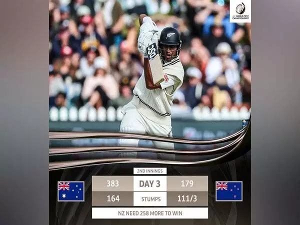 ऑस्ट्रेलिया  के खिलाफ कीवी टीम की निगाहें 369 रन के लक्ष्य के रूप में रचिन पर (तीसरा दिन, स्टंप्स)