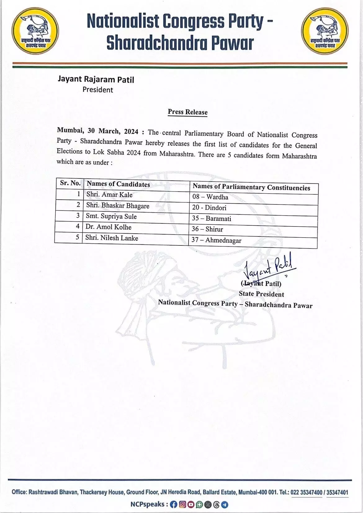 एनसीपी शरद पवार ने 5 सीटों पर अपने प्रत्याशियों की घोषणा की