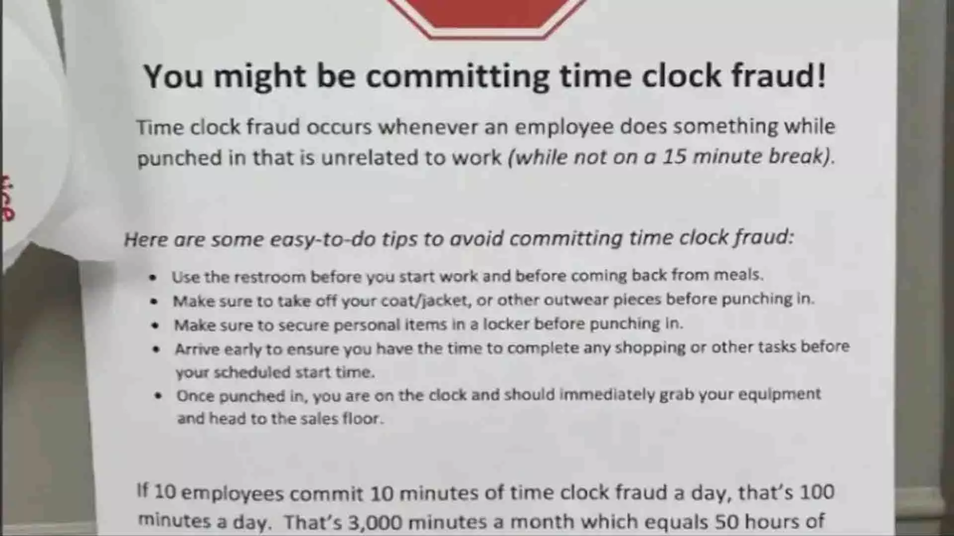 मेमो में कर्मचारियों के लिए टाइम क्लॉक धोखाधड़ी को रोकने के लिए नियम सूचीबद्ध