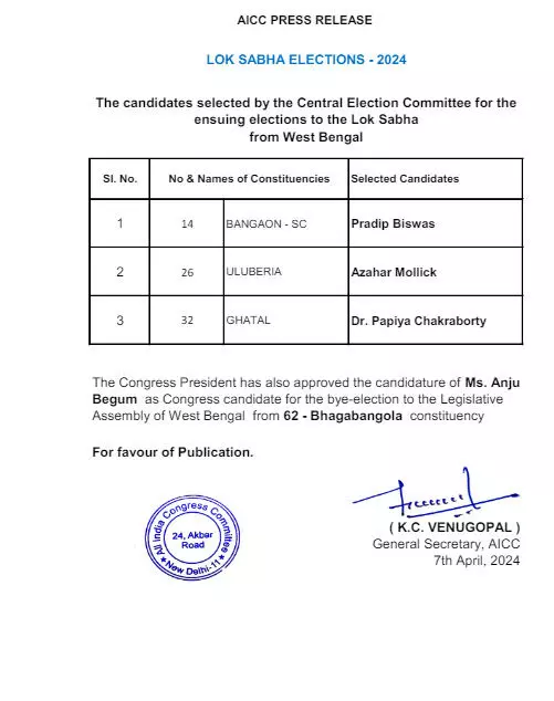 कांग्रेस ने की पश्चिम बंगाल में लोकसभा चुनाव के लिए 3 उम्मीदवारों के नामों की घोषणा