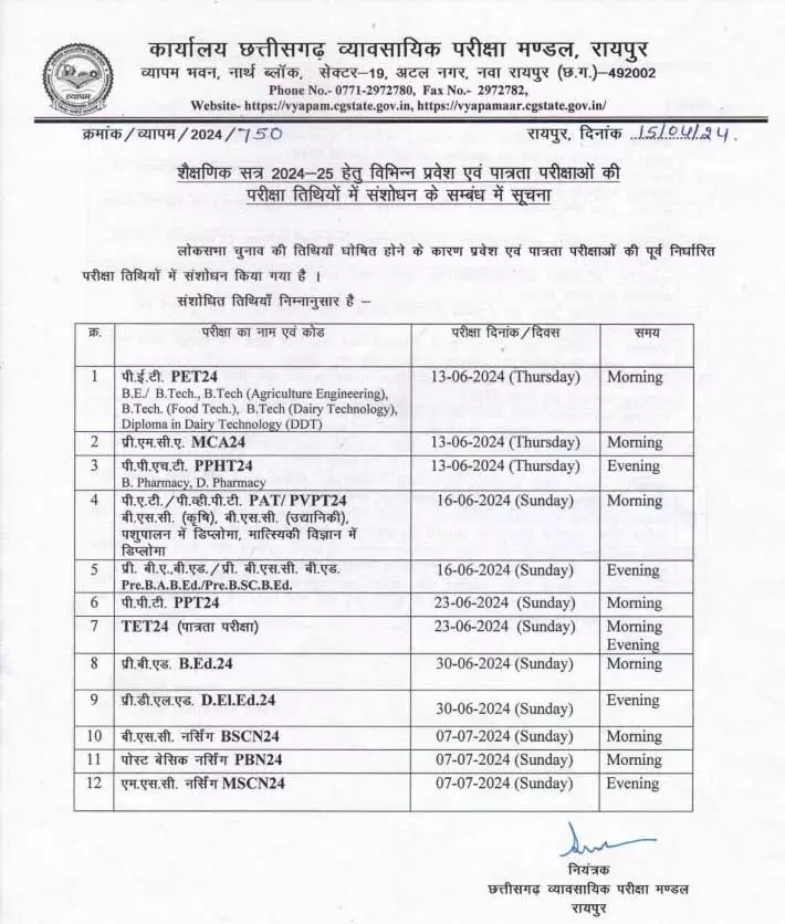 प्रवेश परीक्षाओं की तारीख में बदलाव, Vyapam ने जारी किया आदेश