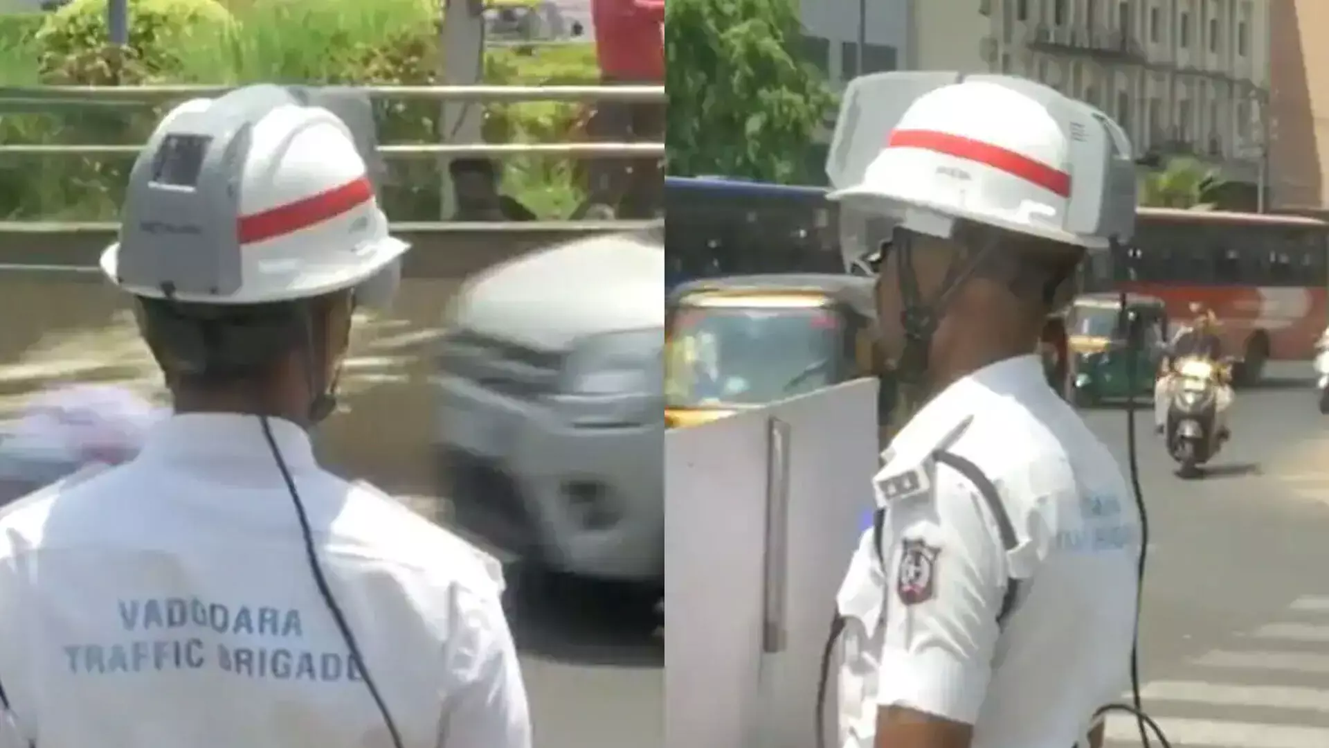 गुजरात के वडोदरा में गर्मी से बचने के लिए ट्रैफिक पुलिसकर्मियों के लिए एसी हेलमेट