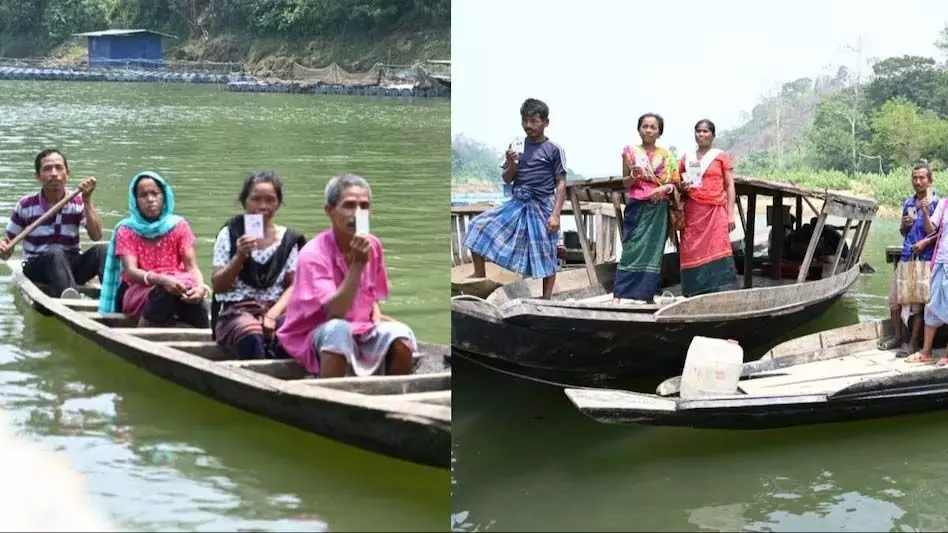 सुदूर धलाई गांव के निवासी वोट डालने के लिए नावों से आते-जाते