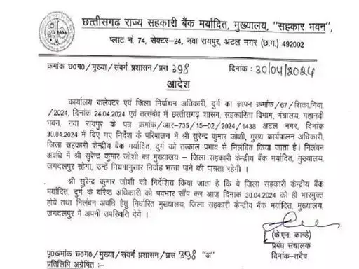 सहकारी बैंक के मुख्य कार्यपालन अधिकारी सस्पेंड, कलेक्टर से हुई थी शिकायत