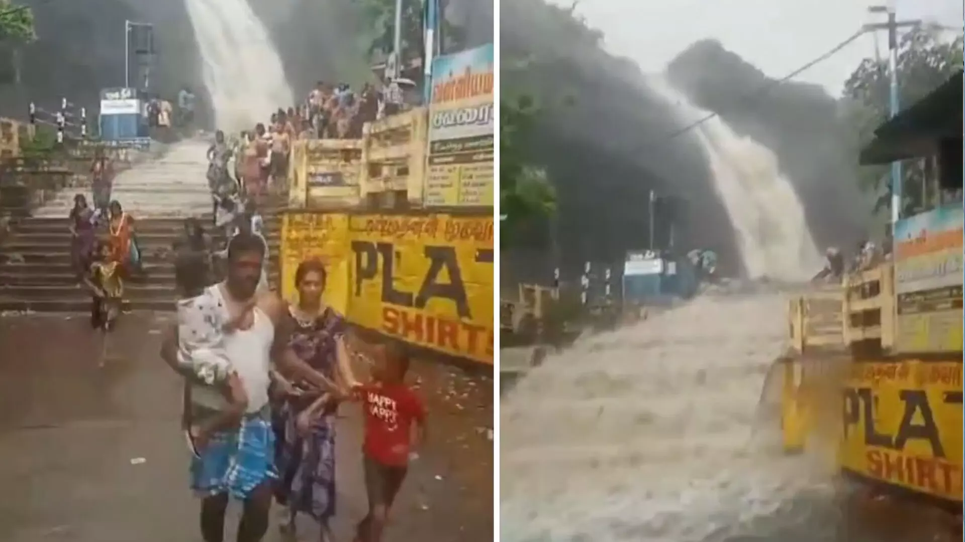 झरने पर अचानक आई बाढ़, जान बचाने भागते दिखे लोग