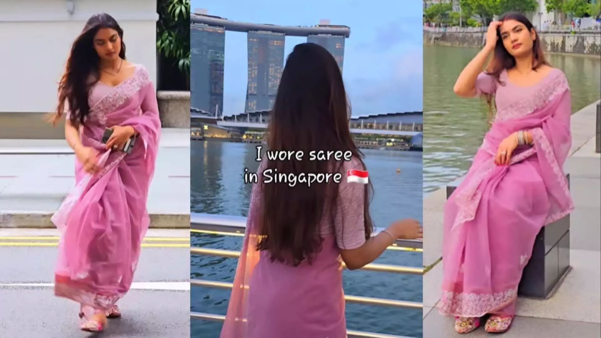 Singapore की सड़कों पर गुलाबी साड़ी पहनकर चलती महिला का वीडियो वायरल