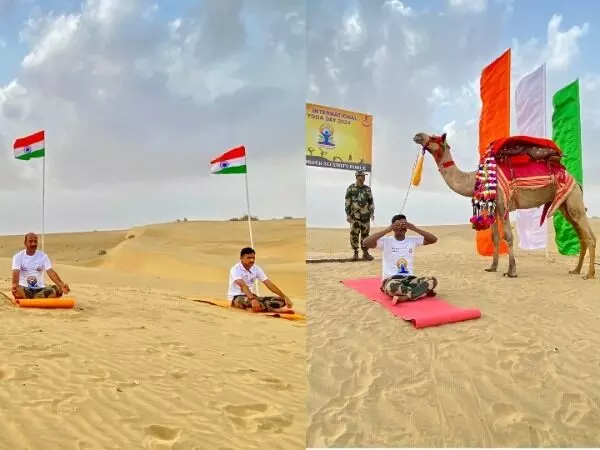 International Yoga Day पर जैसलमेर में रेत के टीलों पर योग करते बीएसएफ के जवान