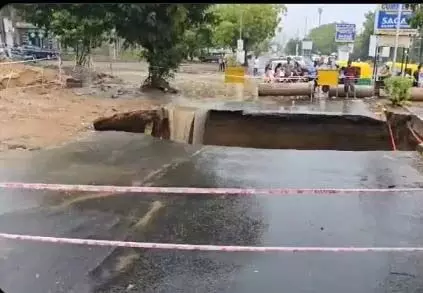 Gujarat में भारी बारिश के कारण धंसी सड़क, कई पेड़ गिरे