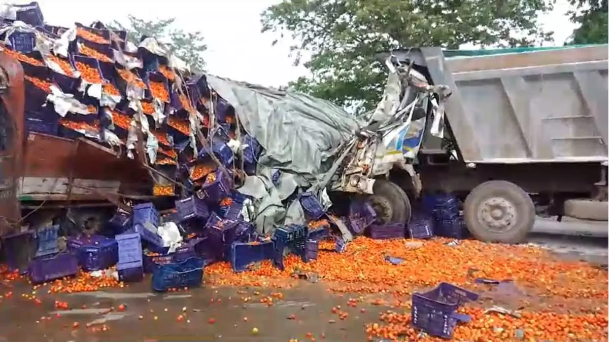 Tomato Theft: टमाटर से भरी ट्रक को हाईवा ने मारी टक्कर, ग्रामीणों ने की लूट