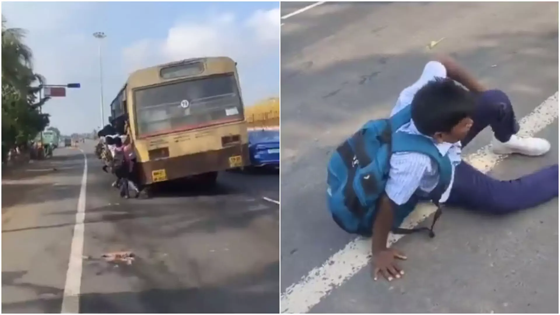 VIDEO: बस में दिखा कुछ ऐसा नज़ारा, सड़क पर गिरा स्कूली छात्र, बाल-बाल बचा