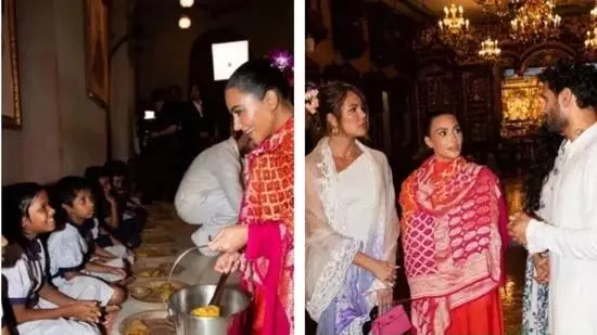 Kim Kardashian ने इस्कॉन मंदिर में बच्चों को परोसा खाना
