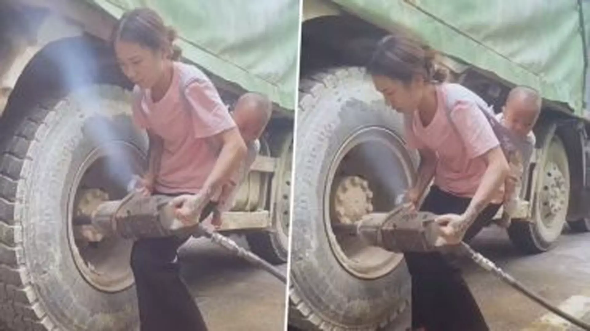 Viral Video: छोटे से बच्चे को पीठ पर बांधकर ट्रक का टायर बदल रही है एक मां