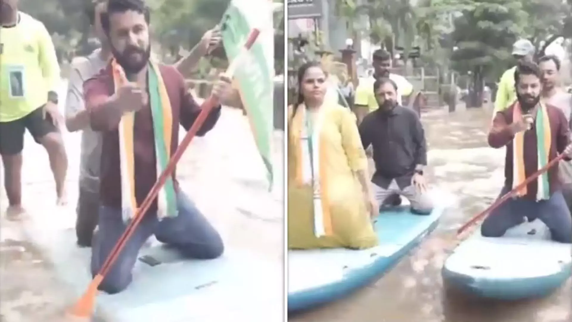 Heavy Rain के बीच सड़क पर नाव के साथ विरोध प्रदर्शन करते दिखे कांग्रेस कार्यकर्त्ता, वीडियो...