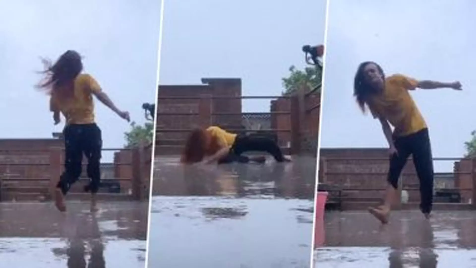 Viral Video: बारिश में छत पर रील बनाते समय फिसलकर गिरी पापा की परी