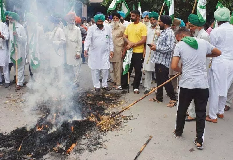 Ludhiana: किसान यूनियनों ने विरोध प्रदर्शन किया, केंद्र सरकार का पुतला जलाया