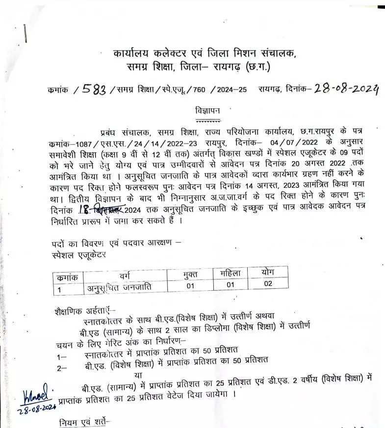 CG सरकारी नौकरी, स्पेशल एजुकेटर पद पर निकली भर्ती