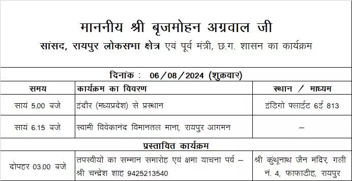 आज शाम इंदौर से लौटेंगे सांसद बृजमोहन अग्रवाल