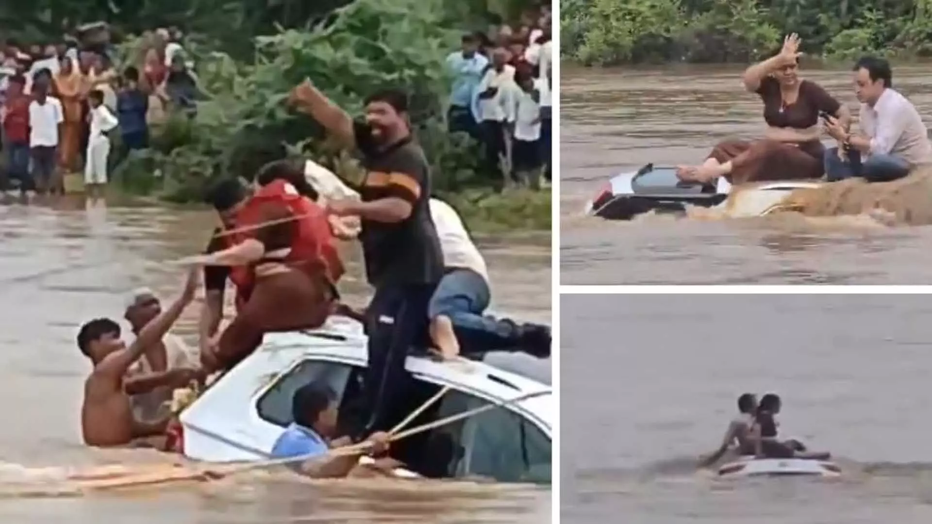 बाढ़ के पानी में कार की छत पर फंसा कपल, बचाव दल ने किया रेस्क्यू, देखें VIDEO...