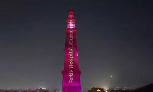 स्तन कैंसर के प्रति जागरूकता लाने के लिए Delhi के कुतुब मीनार को गुलाबी रंग से किया गया रोशन
