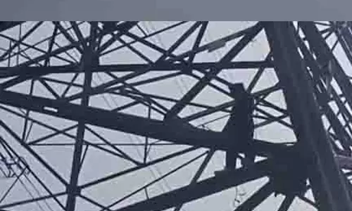Yamuna Khadar में अज्ञात व्यक्ति हाई-वोल्टेज बिजली के खंभे पर चढ़ा