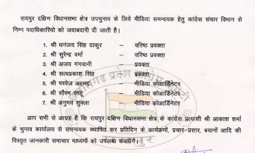 कांग्रेस ने रायपुर दक्षिण उपचुनाव के लिए पदाधिकारियों की नियुक्ति की