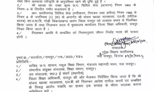 रायपुर: फिजिक्स टीचर सस्पेंड, बिना सूचना के गया था छुट्टी पर रायपुर: फिजिक्स टीचर सस्पेंड, बिना सूचना के गया था छुट्टी पर