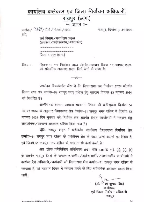 कलेक्टर ने रायपुर दक्षिण उपचुनाव के दिन अवकाश की घोषणा की कलेक्टर ने रायपुर दक्षिण उपचुनाव के दिन अवकाश की घोषणा की