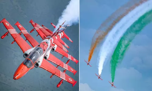 Air Force की सूर्यकिरण टीम रविवार को रोमांचक हवाई करतबों से हैदराबादवासियों को करेगी मंत्रमुग्ध Air Force की सूर्यकिरण टीम रविवार को रोमांचक हवाई करतबों से हैदराबादवासियों को करेगी मंत्रमुग्ध
