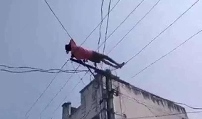 Andhra में पेंशन विवाद को लेकर नशे में धुत युवक बिजली के खंभे पर चढ़ा Andhra में पेंशन विवाद को लेकर नशे में धुत युवक बिजली के खंभे पर चढ़ा