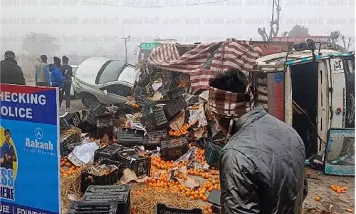 Punjab: घने कोहरे ने मचाई तबाही, किन्नू से भरा ट्रक कार पर पलटा Punjab: घने कोहरे ने मचाई तबाही, किन्नू से भरा ट्रक कार पर पलटा