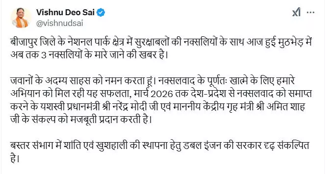 बीजापुर नेशनल पार्क क्षेत्र में 3 नक्सली ढेर, सीएम साय ने दी बधाई