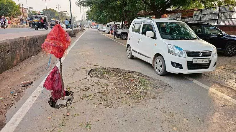 Haryana : हिसार में सर्विस रोड क्षतिग्रस्त