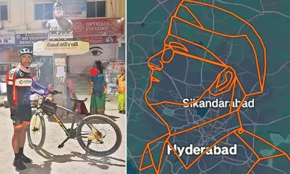 Hyderabad के साइकिल चालक ने पैटर्न राइड द्वारा बनाया नेताजी का चित्र