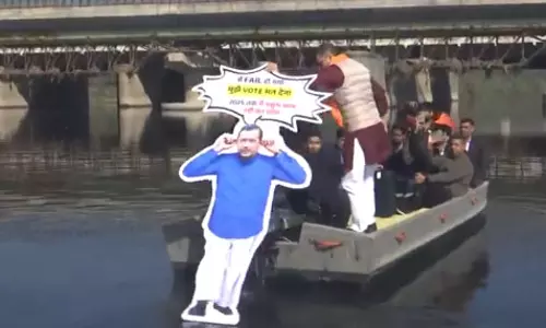 बीजेपी नेता ने केजरीवाल का कटआउट यमुना नदी में डुबोया