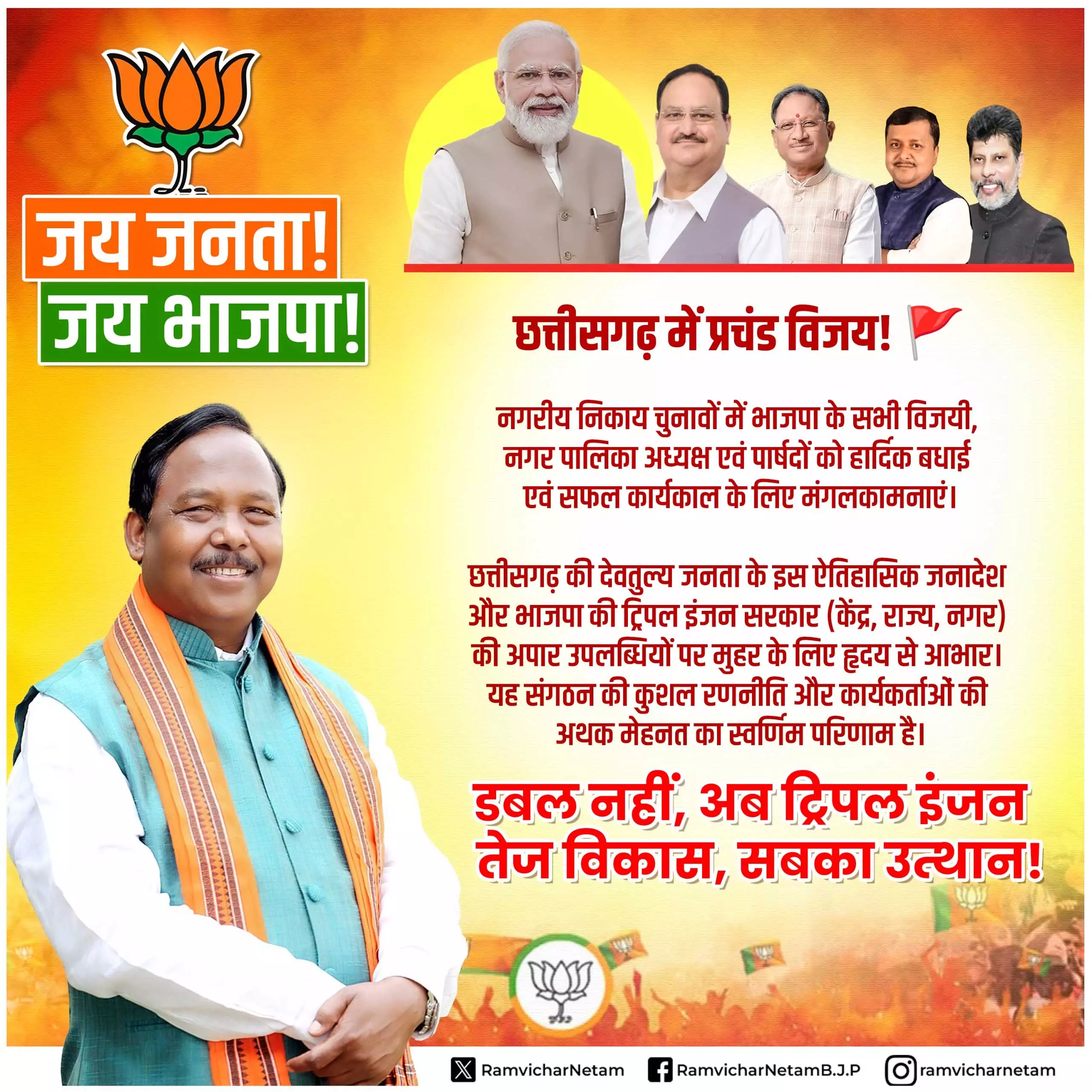 छत्तीसगढ़ में प्रचंड विजय, मंत्री नेताम ने दी बधाई छत्तीसगढ़ में प्रचंड विजय, मंत्री नेताम ने दी बधाई