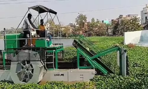 तालाब से जलकुंभी हटाई गई नई पोंड क्लीनर मशीन से तालाब से जलकुंभी हटाई गई नई पोंड क्लीनर मशीन से