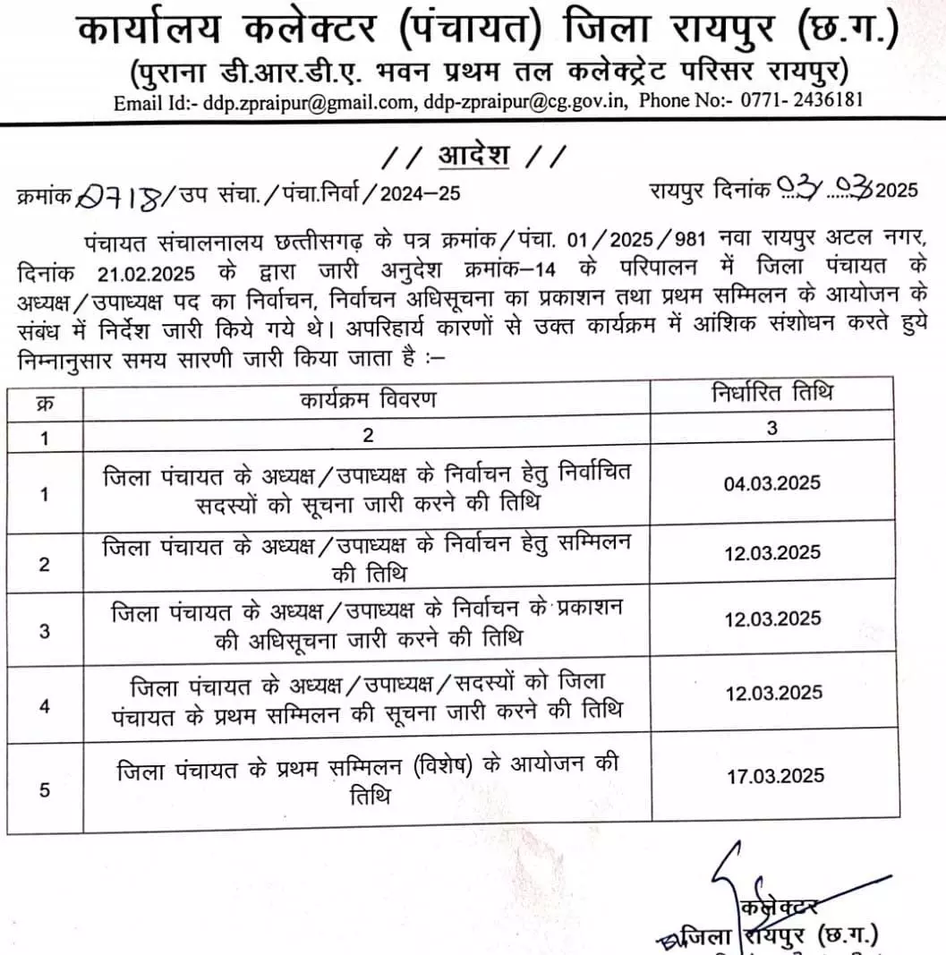 जिला पंचायत अध्यक्ष और उपाध्यक्ष चुनाव के तारीख में बदलाव जिला पंचायत अध्यक्ष और उपाध्यक्ष चुनाव के तारीख में बदलाव
