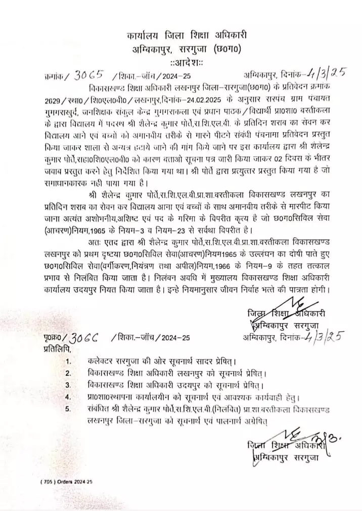 नशे में बच्चों के साथ किया था दुर्व्यवहार, टीचर निलंबित नशे में बच्चों के साथ किया था दुर्व्यवहार, टीचर निलंबित