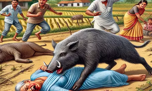 खेत में काम कर रहे दंपती पर जंगली सूअर का हमला, महिला गंभीर खेत में काम कर रहे दंपती पर जंगली सूअर का हमला, महिला गंभीर
