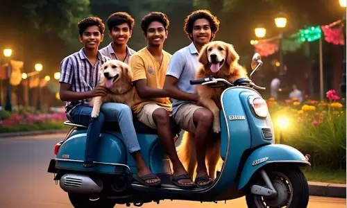 एक स्कूटर पर चार यात्री और दो कुत्ते; कवर देखने गया समूह कैमरे में कैद हो गया एक स्कूटर पर चार यात्री और दो कुत्ते; कवर देखने गया समूह कैमरे में कैद हो गया