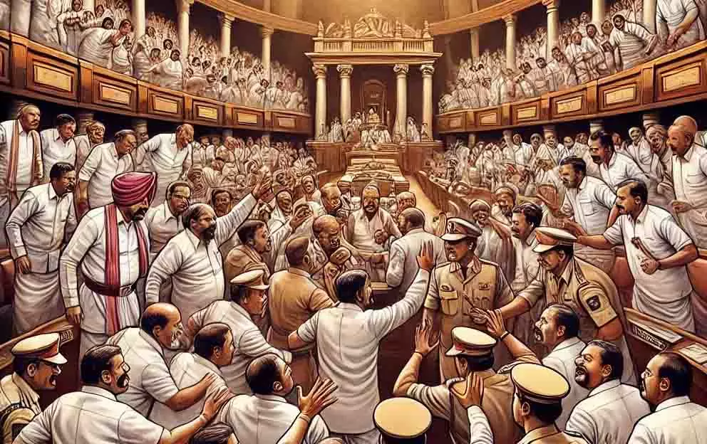 कर्नाटक विधानसभा: हंगामे के बीच 18 BJP विधायक निलंबित, सदन के मार्शलों ने विधायकों को हटाया कर्नाटक विधानसभा: हंगामे के बीच 18 BJP विधायक निलंबित, सदन के मार्शलों ने विधायकों को हटाया