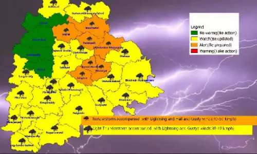 Telangana में गरज के साथ बारिश-बिजली गिरने की संभावना Telangana में गरज के साथ बारिश-बिजली गिरने की संभावना