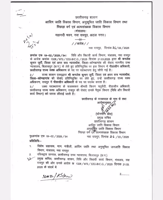 CG BREAKING: छत्तीसगढ़ वक्फ बोर्ड के पीठासीन अधिकारी बने ADJ कमलेश कुमार जूरी