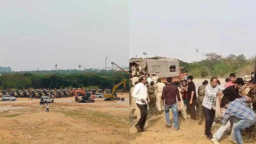 कांचा गाचीबोवली: छात्र विरोध के बीच वन भूमि अतिक्रमण हटाने का काम जारी कांचा गाचीबोवली: छात्र विरोध के बीच वन भूमि अतिक्रमण हटाने का काम जारी