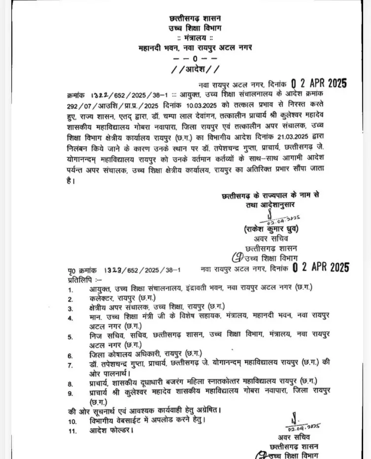 छत्तीसगढ़ कॉलेज के प्राचार्य को सरकार ने सौंपी अतिरिक्त जिम्मेदारी | The government has given additional responsibility to the principal of Chhattisgarh College | छत्तीसगढ़ कॉलेज ...