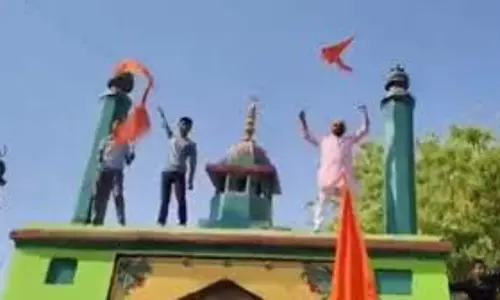 Prayagraj में भगवा झंडा लेकर दरगाह गेट पर चढ़े युवकों का वीडियो वायरल
