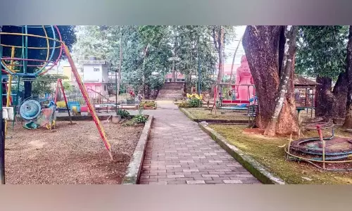 बच्चों का पार्क भीड़ से भरा ; सड़क पर खेल के मैदान का उपकरण