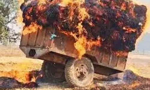 MP News: नरवर में गेहूं से भरी ट्रैक्टर-ट्रॉली में लगी आग, फसल जलकर राख