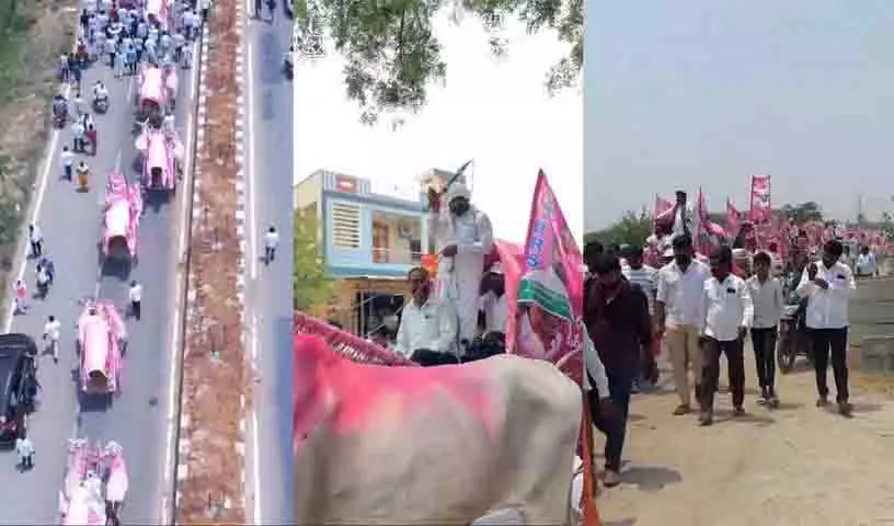 KTR ने वारंगल जनसभा के लिए बैलगाड़ी से निकलने वाले सूर्यपेट के किसानों की सराहना की KTR ने वारंगल जनसभा के लिए बैलगाड़ी से निकलने वाले सूर्यपेट के किसानों की सराहना की